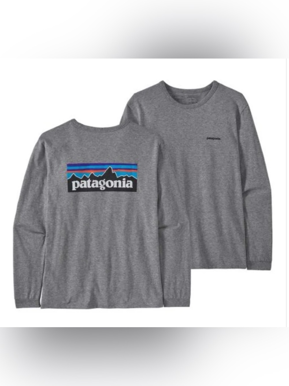 Patagonia Longsleeve, Heather Grey Crewneck with Multicolor Back Logo, Size M⛷️